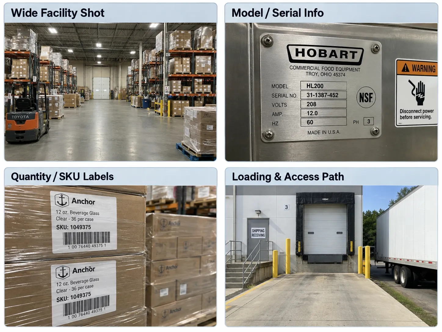 Four examples of useful business asset documentation: a wide facility shot, equipment model and serial information, quantity and SKU labels, and the loading or access path.