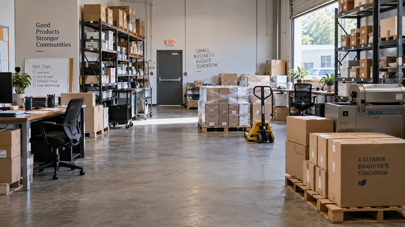 Palletized inventory, shelving, office furniture and commercial equipment in a small warehouse being prepared for business liquidation.
