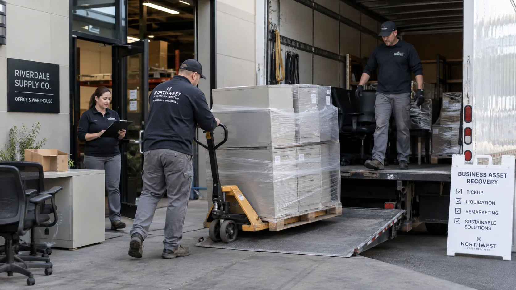 Commercial business assets being loaded into a box truck using a pallet jack while pickup and removal are coordinated on site.