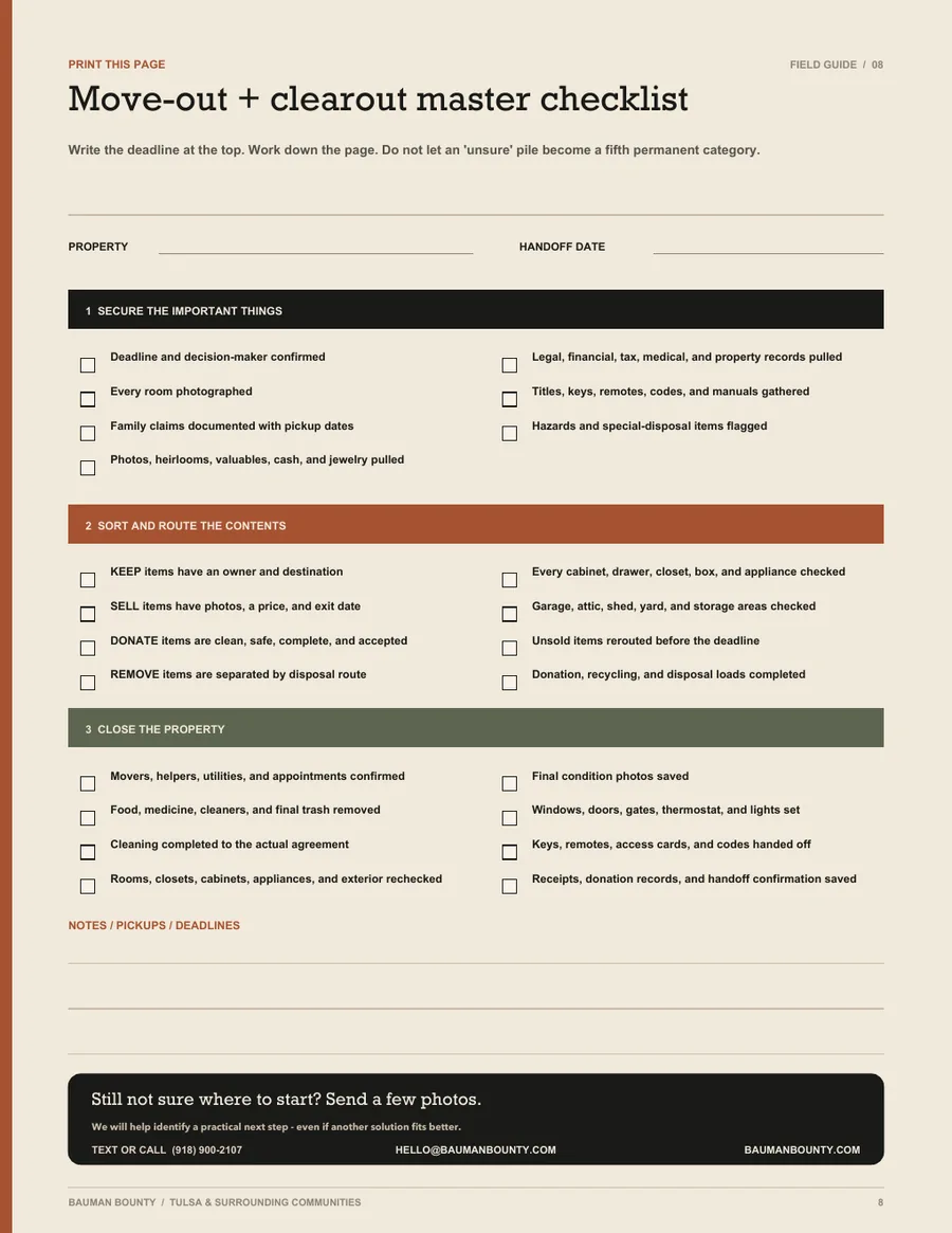 Preview of the printable move-out and home clearout master checklist