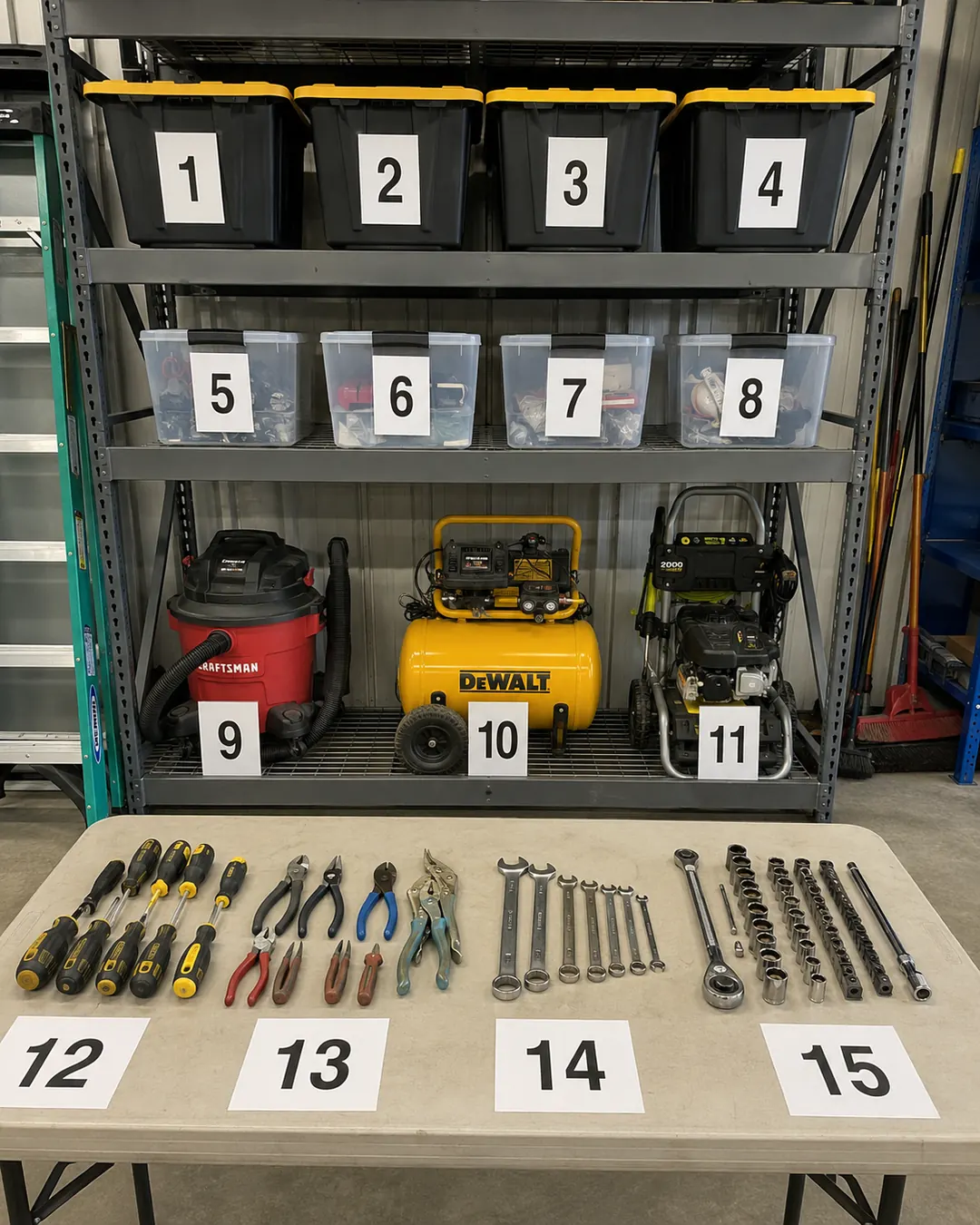 Tools, equipment, and household goods grouped on shelving for inventory