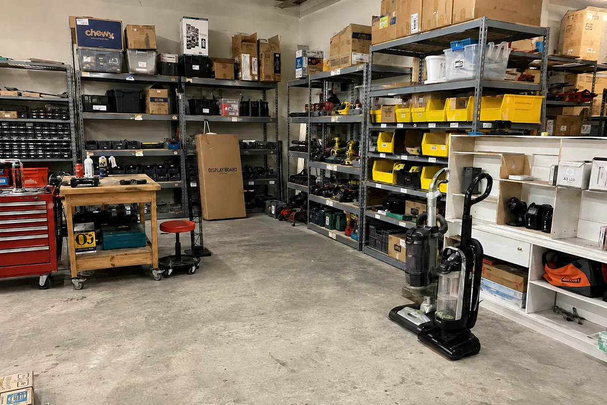 Organized tools, appliances, and household goods arranged on labeled storage shelves